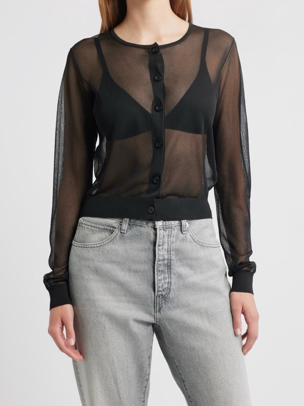 FRAME Black Sheer Mesh Button-Front Cardigan Sweater (L)